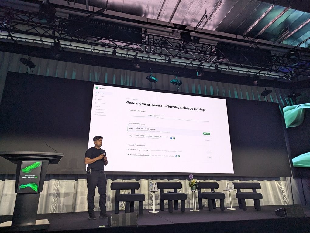 Ashvin Parameswaran on stage presenting the Orqestra morning brief